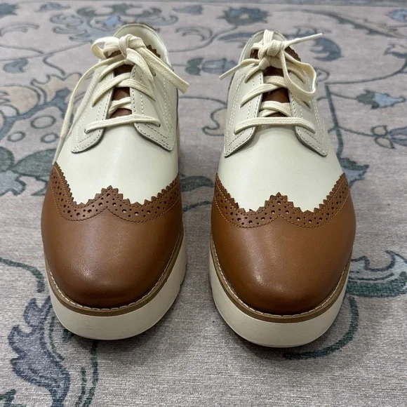 Cole Haan Women's Grand City Playform Cream and Brown Lace-up Oxfords - Picture 2 of 6